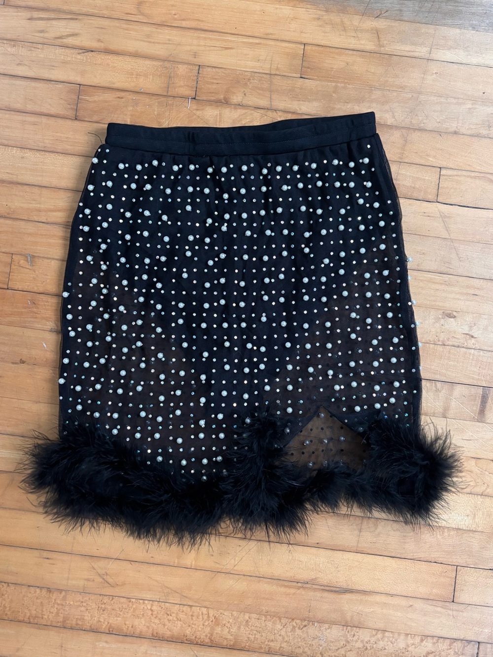 Hot & Delicious Black Pearl-Studded Mesh Mini Skirt with Feather Hem